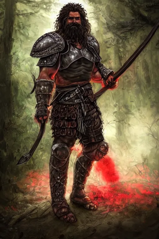 Prompt: Picture of an adult male warrior, muscular, baggy eyes, light bown iris, wielding an axe on each hand, long curly hair, messy beard, very dark brown skin!, black shirt underneath armor, mixed plate and leather armor, red colored, in the forest, ready for combat, high fantasy, by WLOP, Genzoman, Sakimichan and Frank Franzzeta, trending on artstation, artstationHD, artstationHQ, good, octane, cgsociety, HD, extremely detailed, detailed face!, HD 16k