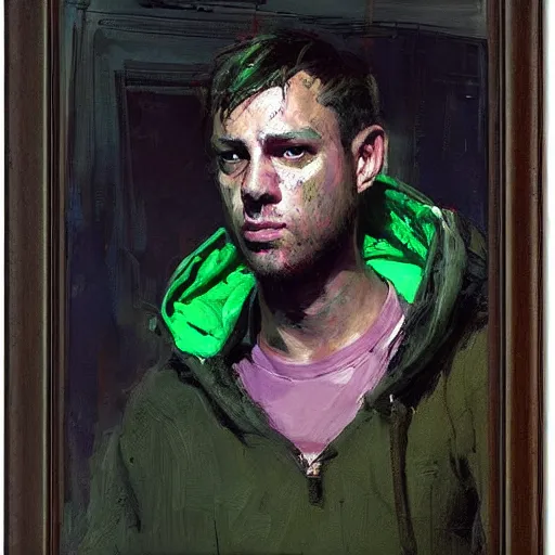 Prompt: portrait of a chad programmer with green hood by jeremy mann, dramatic lighting