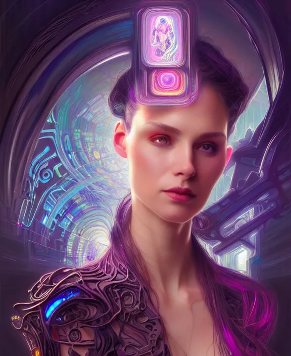 Image similar to a whirlwind of souls rushing inside the metaverse, hologram, half body, neurochip, shaved temple, piercing, jewelry, android, cyborg, cyberpunk face, by loish, d & d, fantasy, intricate, elegant, highly detailed, colorful, digital painting, artstation, concept art, art by artgerm and greg rutkowski and alphonse mucha