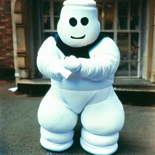 Image similar to the michelin man as the stay puft marshmallow man, realistic, 1 4 0 mm, nikon film