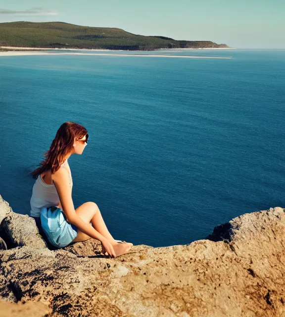 Image similar to a girl sitting on a cliff overlooking the beach, realistic photo, 4 k