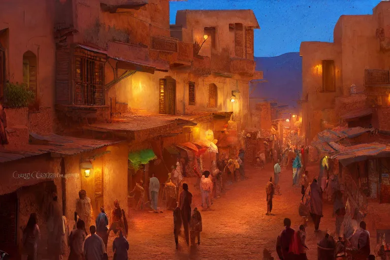 Image similar to in the middle of a adobe house kasbah town, mud and brick houses, merchant street, pueblo architecture, colorful crowd, festival. Scenic view at night, underexposed, clean horizon, matte painting by craig mullins and Anato_Finnstark, concept art trending on artstation, 4k, intricate details