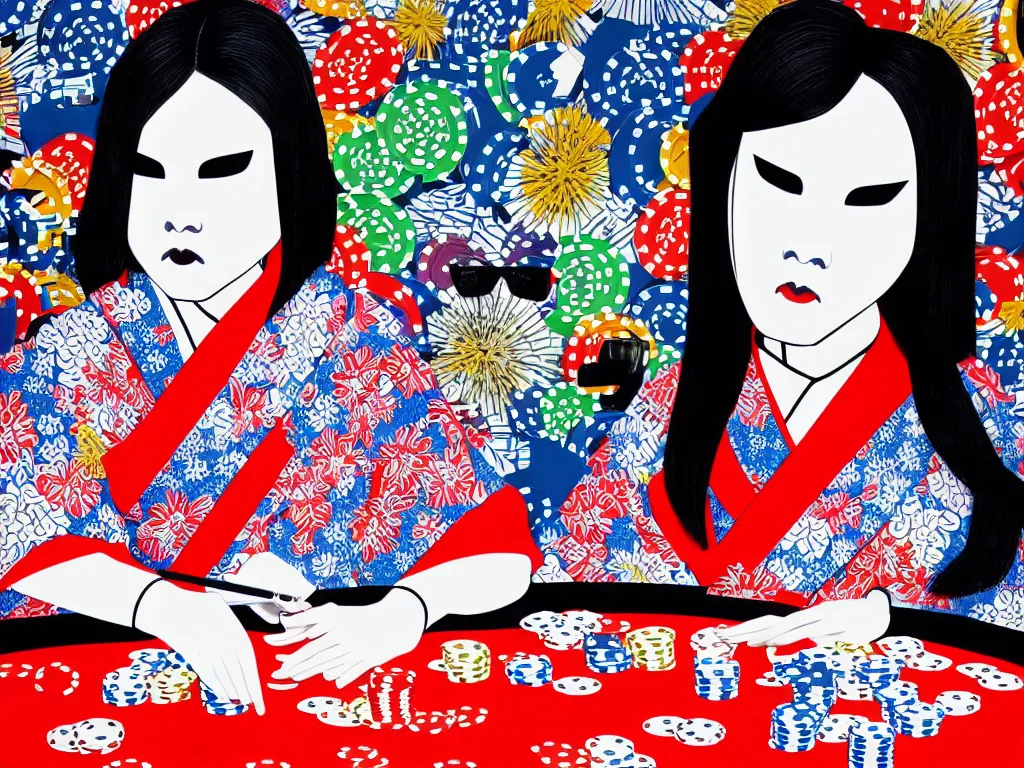 Image similar to hyperrealism composition of the detailed single woman in a japanese kimono sitting at an extremely detailed poker table with stormtrooper, fireworks, river on the background, pop - art style, jacky tsai style, andy warhol style, acrylic on canvas