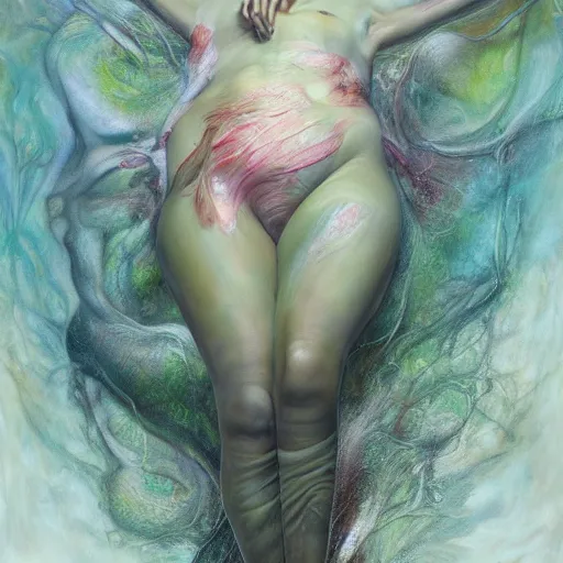 Image similar to the laws of physics break down and there only an infinite present, in which all points in time are equally real. surrealist acrylic painting by marco mazzoni, by dorothea tanning, pastel colors, featured on artstation, metaphysical, fluid acrylic pour art, airbrush art, rococo