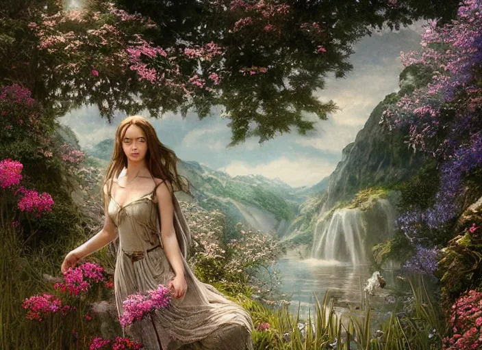 Image similar to portrait of a beautiful women with wings of lace in a lord of the rings scenery landscape, symmetrical body, face by artgerm, river, tall flowers, sunny day, highly detailed, perfect lighting, perfect composition, 4 k, by alan lee, by derek zabrocki, by greg rutkowski