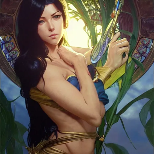 Prompt: highly detailed vfx portrait of nico robin, greg rutkowski, makoto shinkai, alphonse mucha, sharp focus, art by artgerm and greg rutkowski, backlit, harsh overhead sunlight, blue eyes, stanley kybric