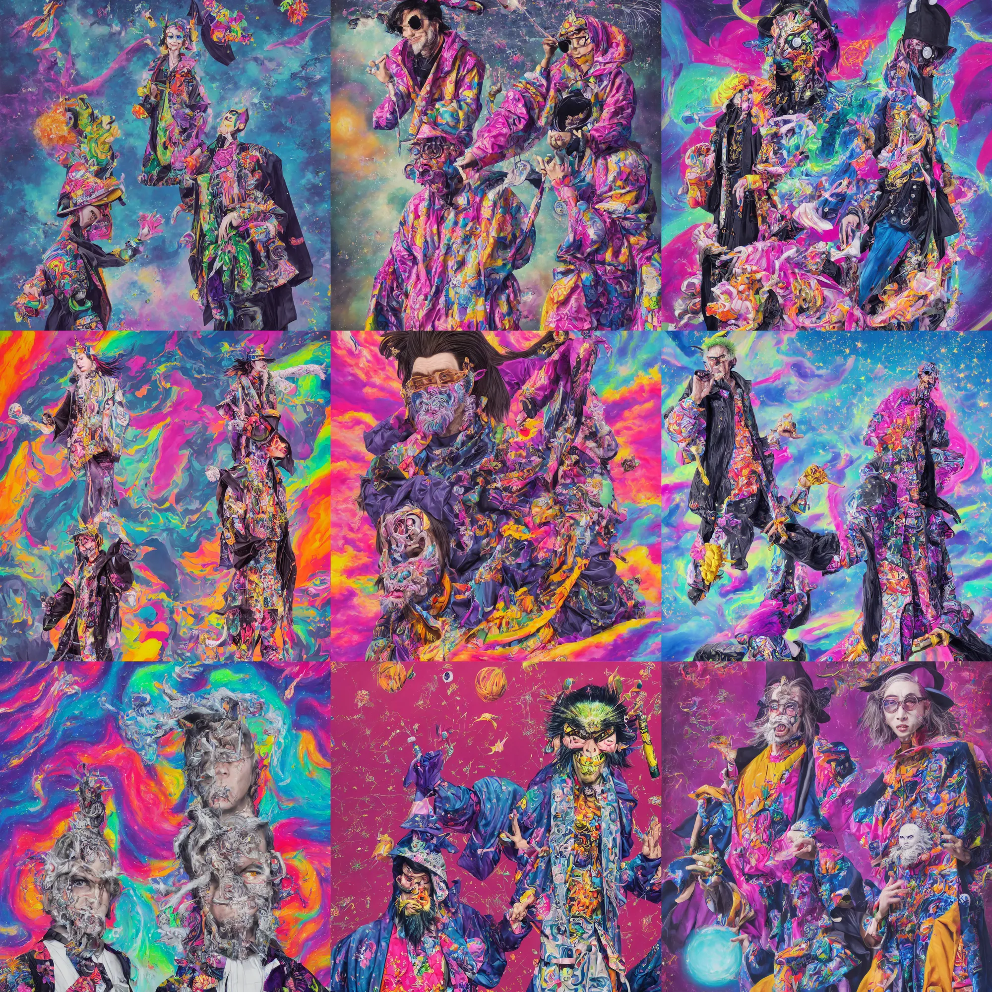 Prompt: a detailed oil painting of a fashionable wizard wearing a bosozoku outfit the style of lisa frank and stephen gammell, kubrick, vivid color scheme, crisp, 8 k, artstation, artstationhd, artstationhq, compositing, wide shot,