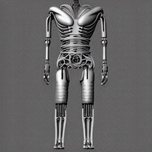 Prompt: “ full body full height, elegant h. r. giger cyborg, default pose. super high resolution photo. symmetrical. orthographic engineering. front view. ”