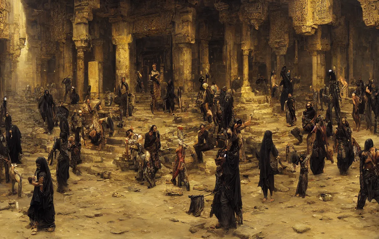 Prompt: an underground black market in a fantasy Cairo city, oil painting by Charles bargue and Jean lean Gerome, orientalism, trending on artstation