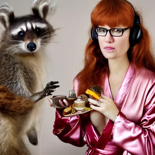 Image similar to a stunning hyper-detailed portrait photo of a beautiful bespectacled woman with long auburn hair and bangs, dressed in a luxurious silk robe, wearing futuristic headphones and posing with raccoons and parrots in an overstuffed easy chair in her sunlit living room, holding a coffee mug decorated with raccoons, and holding a strawberry-glazed donut and smoking an elaborate hookah, perfect eyes, octane render, unreal engine, 85 mm lens,