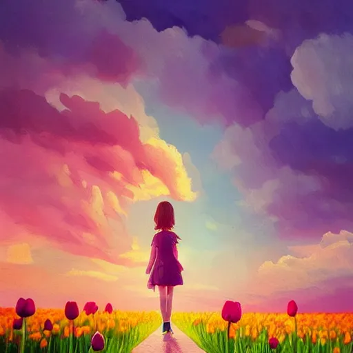 Image similar to girl with a giant tulip head, surreal photography, flower field, sunset dramatic light, impressionist painting, colorful clouds, blue sky, digital painting, artstation, simon stalenhag