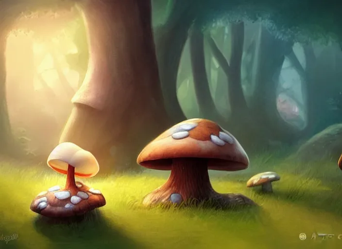 Image similar to a cute creature sitting next to a mushroom, illustration for a children's book, digital art, detailed, rim light, exquisite lighting, clear focus, very coherent, soft lighting, character design, concept, atmospheric, dystopian, sci - fi, dark, trending on artstation, fog, sun flare