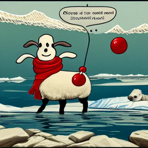 Image similar to cartoon drawing of a seal tossing a red ball with a sheep in antarctica. the seal's head is sticking out above the water and the sheep is standing near the edge of ice