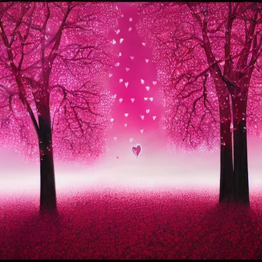 Prompt: trees with valentine heart shaped leaves in pink and red, magical realism beautiful landscape detailed luminescent painting 4 k