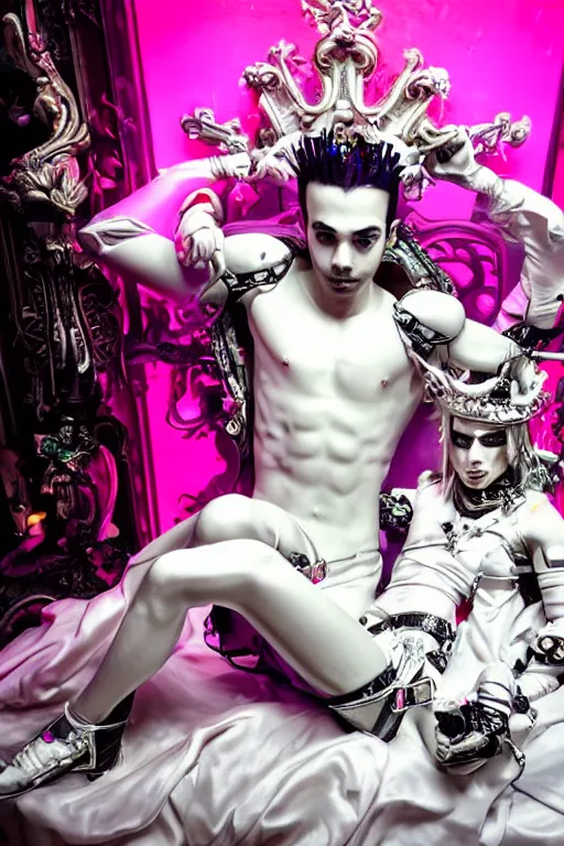 Image similar to full-body rococo and cyberpunk style neon statue of a young attractive Joe Jonas macho dotado e rico android sim roupa reclining con las piernas abertas e la piroca dura, glowing white laser eyes, prince crown of pink gears, diamonds, swirling silver-colored silk fabric. futuristic elements. full-length view. space robots. human skulls. intricate artwork by caravaggio. Trending on artstation, octane render, cinematic lighting from the right, hyper realism, octane render, 8k, depth of field, 3D