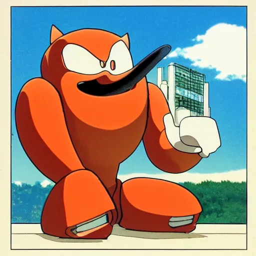 Image similar to beautiful illustration of dr robotnik looking up lovingly at sonic the hedgehog. animation frame from the studio ghibli film by miyazaki.