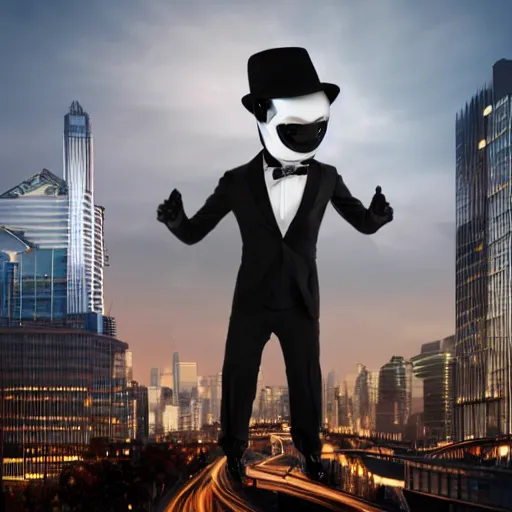 Prompt: an alien wearing a tuxedo and a bowler hat, in a city, photorealistic