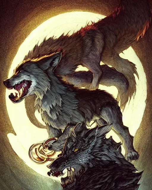 Image similar to '' Illustration a wolf (Fenrir) breaking its chains, (night), (moon in the background), league of legends, Fenrir, LOL, fantasy, d&d, digital painting, artstation, concept art, sharp focus, illustration, art by greg rutkowski and alphonse mucha ''