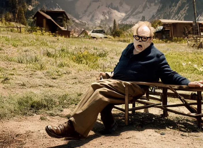 Image similar to First image from Guillermo del Toro's new film Blackadar, starring Toby Jones as a thrill-seeking alcoholic retiree in a mountain town in 1970s Idaho. Cinematography by Dan Laustsen, shot on Kodak Vision 200T. 8k print.