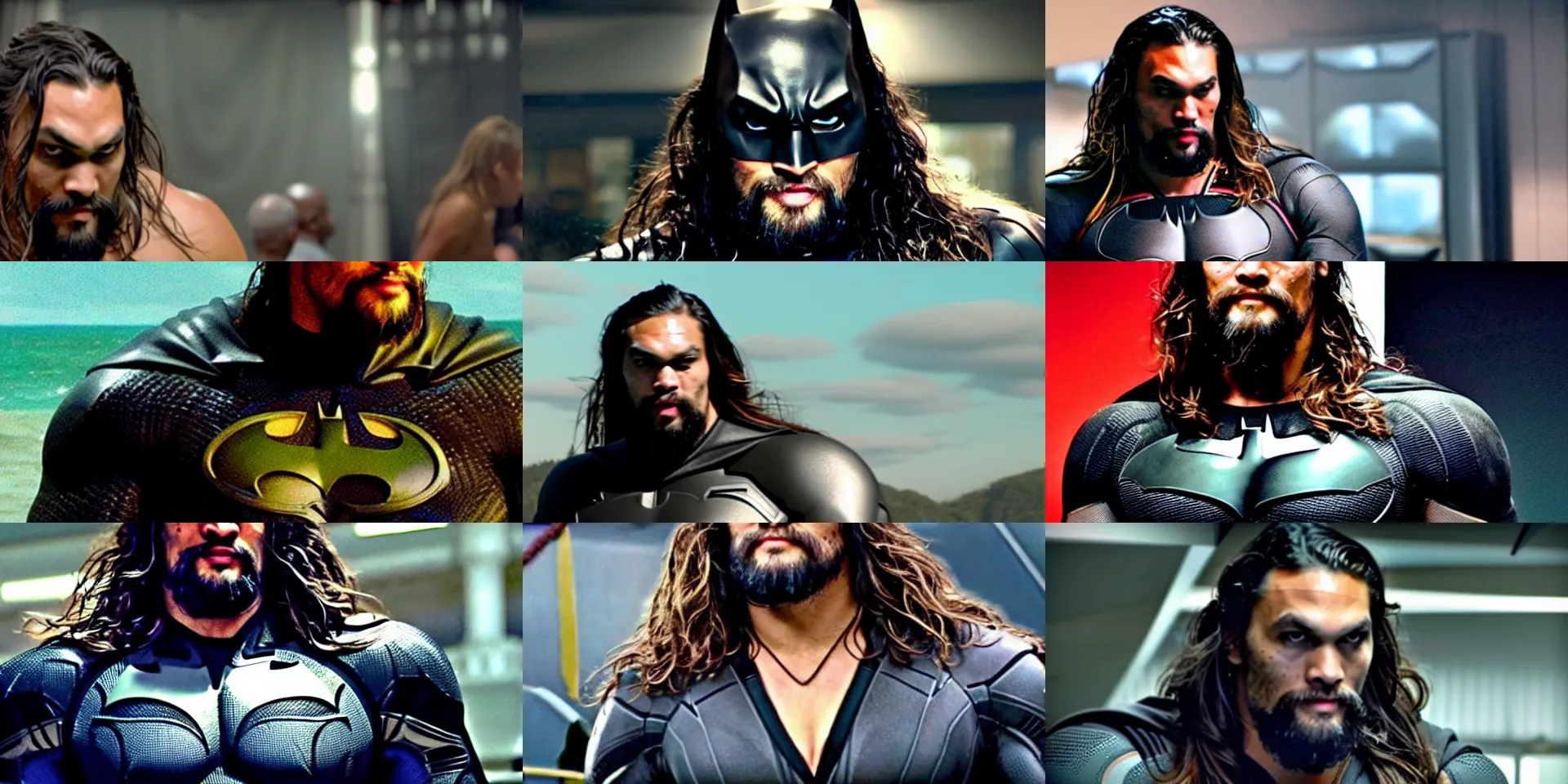 Prompt: jason momoa wearing batman suit very realistic! cinemascope medium shot close up from the avengers