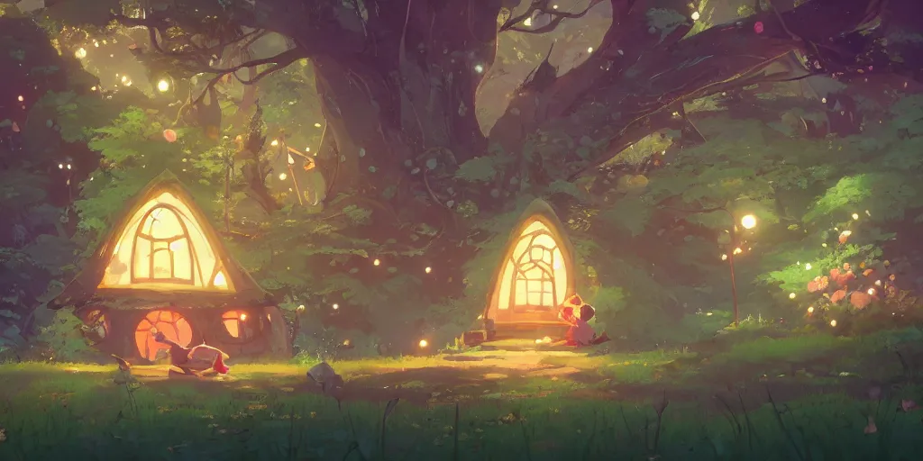 Prompt: fairy mushrooms house, moss, lianne, by cory loftis & akihiko yoshida & james gilleard & atey ghailan & makoto shinkai & goro fujita & studio ghibli, rim light, exquisite lighting, clear focus, magic atmosphere, lights, night, very coherent, plain background, soft painting