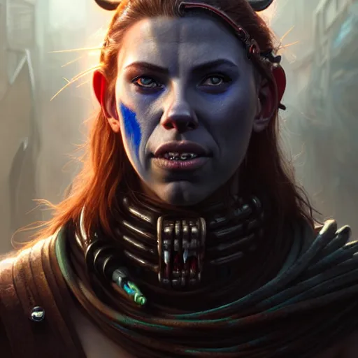 Image similar to portrait painting of a cyberpunk orc shaman extremely muscular ugly scarlett johansson with bad teeth, ultra realistic, concept art, intricate details, eerie, highly detailed, photorealistic, octane render, 8 k, unreal engine. art by artgerm and greg rutkowski and charlie bowater and magali villeneuve and alphonse mucha