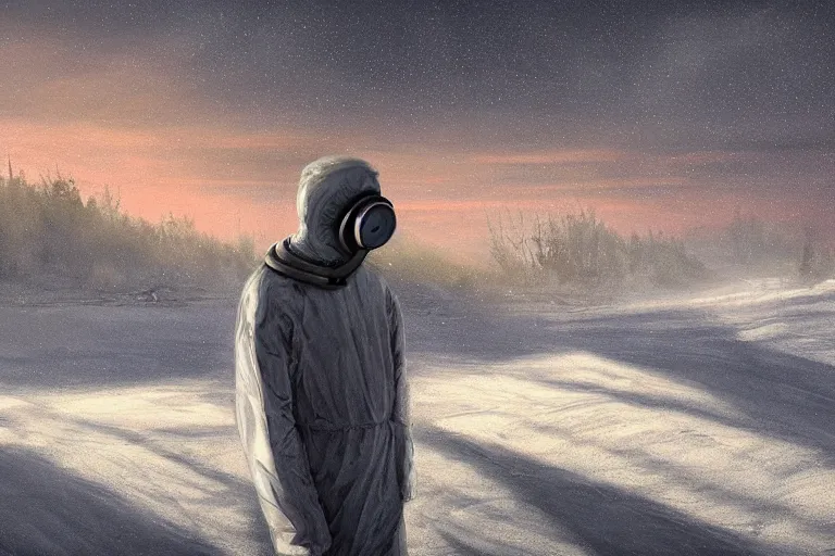 Image similar to ryan church jon mccoy concept art mood painting man wearing grey hazmat suit gas mask sitting against concreate wall snow covered field watching the beautiful winter sunrise