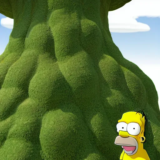 Image similar to a 3D render of Homer Simpson siting on a tree