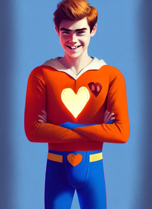 Image similar to friendly teenage archie andrews wearing an orange superhero costume with heart logo, heart, freckles, blue cape, heart emblem on chest, blue cape, intricate, elegant, glowing lights, highly detailed, digital painting, artstation, sharp focus, illustration, art by wlop, mars ravelo and greg rutkowski