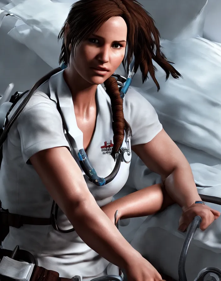 Image similar to lara croft, wearing a nurse outfit, resting on a hospital bed, real photo, hospital interior, intricate, soft lighting, cinematic composition, hyper realistic, 8k resolution, unreal engine 5