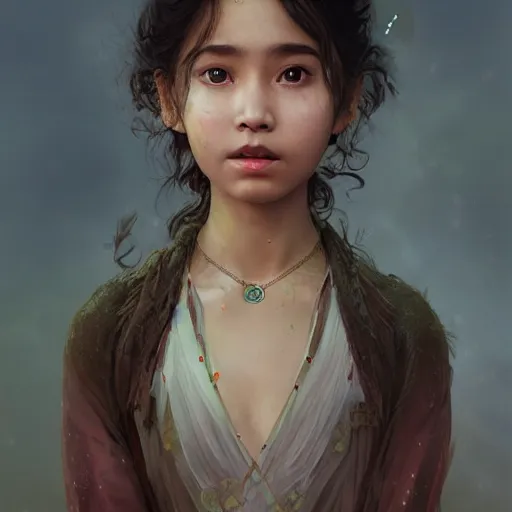 Prompt: a brown asian vampire girl, child, freckles, enigmatic look, elegant dress, fangs, messy curly hair, embers intricate and very beautiful and elegant, highly detailed, digital painting, artstation, concept art, smooth and sharp focus, cg by tian zi and wlop and alphonse mucha