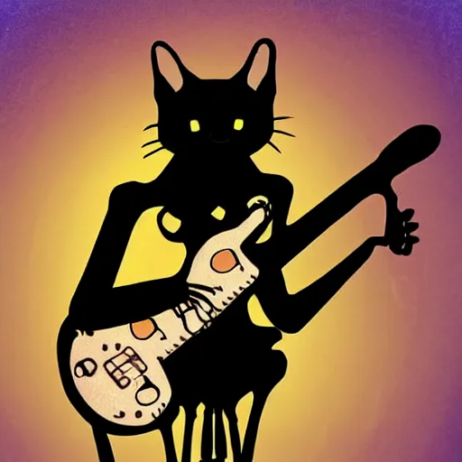 Image similar to skeleton wearing headphones watching girl playing guitar with her black cat standing next to her, digital art