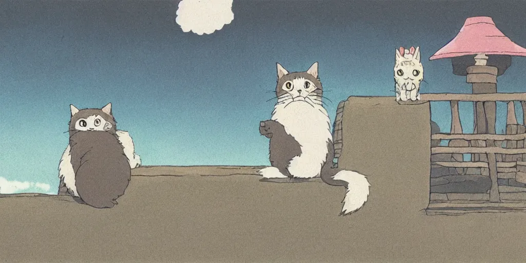 Prompt: a studio ghibli illustration of a cat waiting for his owner, atmospheric, widescreen