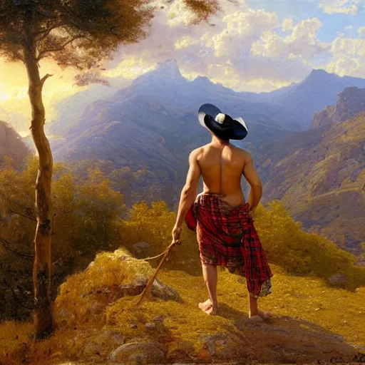 Prompt: a dramatic epic beautiful painting of a shirtless desi man on a mountain path | he is wearing a scottish plaid kilt and cowboy hat, and holding a walking stick | background is mountains and clouds | dramatic lighting, golden hour, homoerotic, art by highly detailed painting by gaston bussiere, craig mullins, j. c. leyendecker 8 k