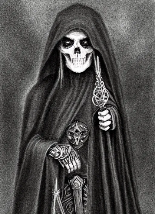 Image similar to pencil ultradetailed painting of the necromancer, wearing a black cloak, crisp