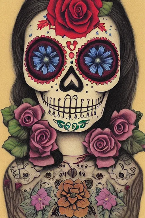 Image similar to Illustration of a sugar skull day of the dead girl, art by quint buchholz