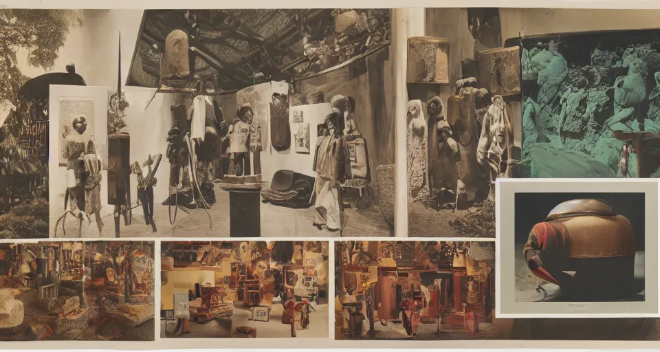 Image similar to A three color offset photography of objects on display, anthropology of wonder, exotic artifacts, colonial expedition, catalog exhibition, 60s style