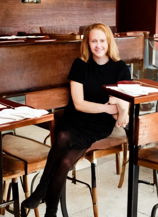 Prompt: stephanie seymor portrait, sitting down behind table, restaurant, photography,