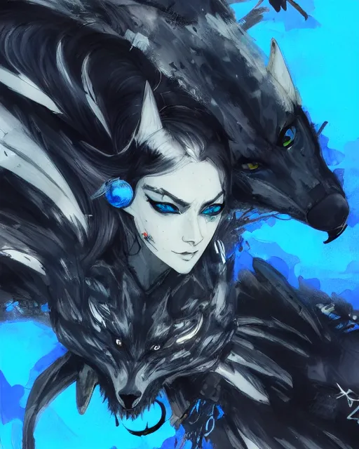 Image similar to concept art of winged wolf neon blue and black, highly detailed painting by dustin nguyen, akihiko yoshida, greg tocchini, 4 k, trending on artstation, 8 k