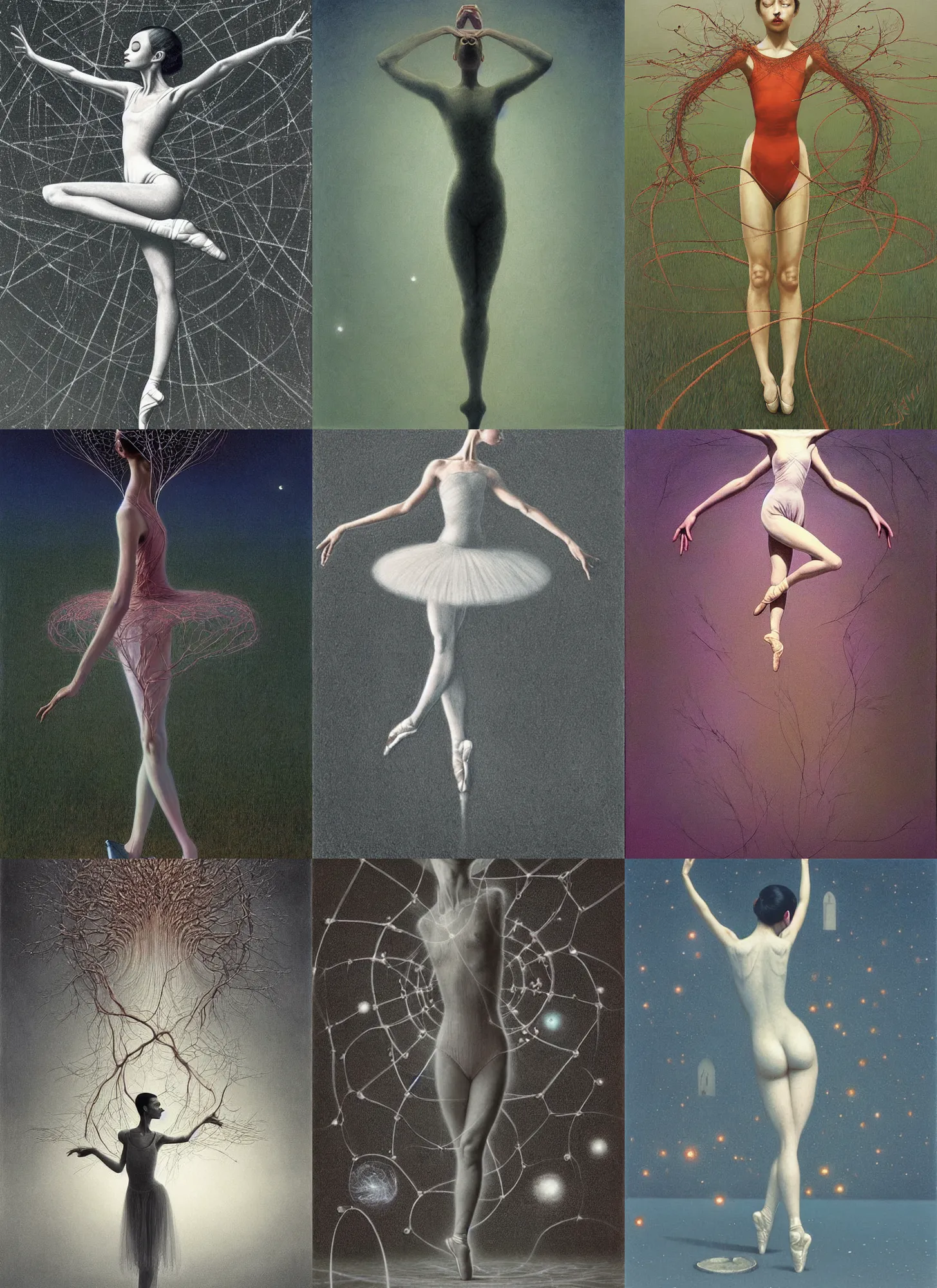 Prompt: A Ballerina wearing the universe like a mycelium network of a dress which branches and threads her body into existence from the edge of reality leaps into the reflective mercurial tombstone Edward Hopper and James Gilleard, Zdzislaw Beksinski, Mark Ryden, Wolfgang Lettl highly detailed, hints of Yayoi Kasuma