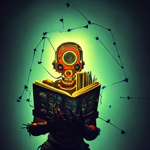 Image similar to dark scifi illustration 3 / 4 portrait of a cyborg reading necronomicon. cinematic lighting mad scientist style. golden ratio accidental renaissance. in the style of jean michel basquiat. graffiti art, scifi, fantasy, hyper detailed. octane render. concept art. trending on artstation