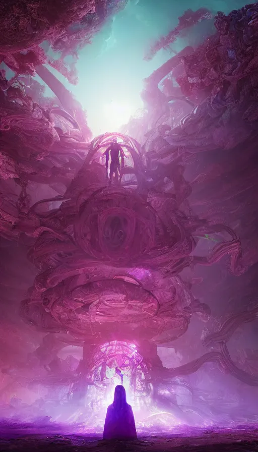 Prompt: a future scifi ancient god on the middle of a purple forest holding a portal that's about to explode, abandoned city with graffiti, sweat drops, insane, intricate, highly detailed, oil painting, smooth, sharp focus, Unreal Engine 5, 8K, art by Diego Velázquez