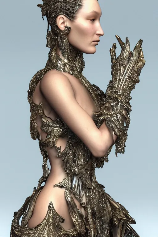 Image similar to a highly detailed medium shot 8 k render of an alien goddess bella hadid in iris van herpen dress schiaparelli armor in diamonds and lots of jewelry in style of alphonse mucha trending on artstation made in unreal engine 4