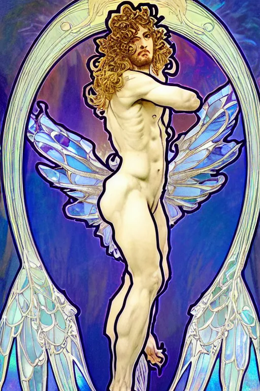 Image similar to full figure art nouveau window depicting a male angel with curly blond hairs, dressed with fluent clothes, majestic wings, luminous halo, by alfons mucha, d & d character, gradient white to gold, in front of an iridescent background, highly detailed portrait, digital painting, artstation, concept art, smooth, sharp focus, illustration, artstation hq