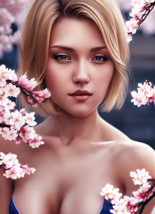 Prompt: photo of a gorgeous female with short blonde hair in the style of stefan kostic, realistic, body shot, sharp focus, 8 k high definition, insanely detailed, intricate, elegant, art by stanley lau and artgerm, cherry blossoms