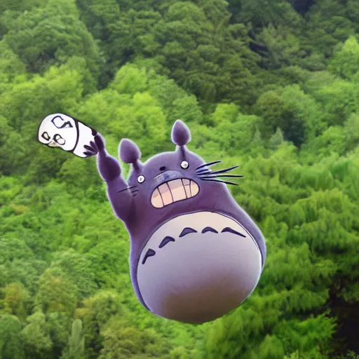 Image similar to super fat totoro skydiving while waving at the camera