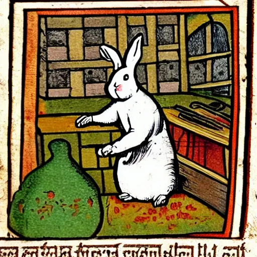 Image similar to medieval book illustration of a rabbit baking in a kitchen