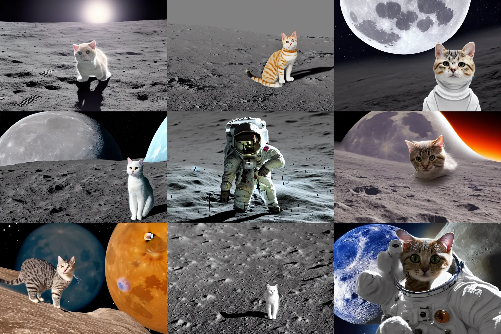 Prompt: high resolution photo of british short hair cat in a full space suit on the moon, rising earth on the background