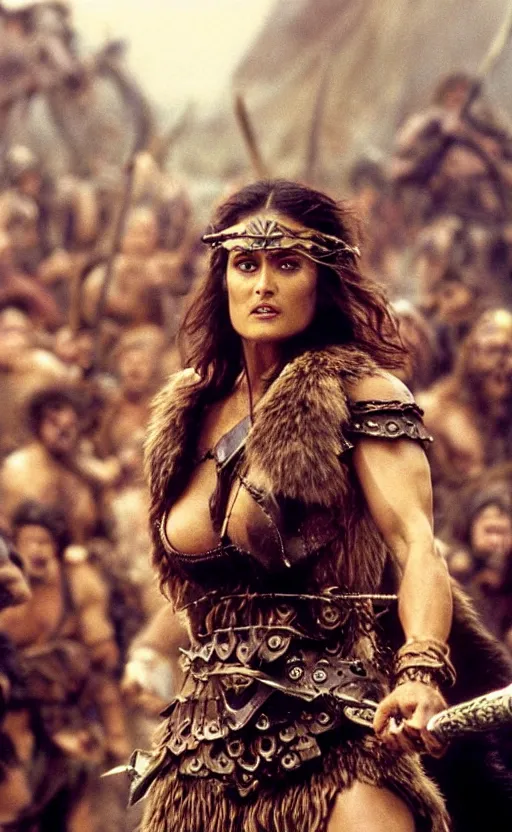 Prompt: epic photo of muscular salma hayek as beautiful barbarian warrior princess wearing leather armor and fur cloak in a battle scene with hundreds of warriors behind her, sweaty, detailed eyes, neutral expression, depth of field, photorealistic, cinematic lighting, lovely bokeh, warm colours, dusk, movie quality, conan the destroyer 1 9 8 5, movie still, cinemascope