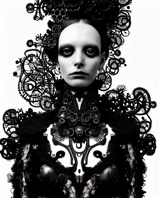 Prompt: surreal dark black and white photo portrait of complex bio-mechanical beautiful young female vegetal-cyborg with a Mandelbrot fractal steampunk metal fine lace face, a very long neck and a fine metal floral foliage super big lace collar by Alexander McQueen:: smoke, high fashion, haute couture, rococo, steampunk, silver filigree details, anatomical, facial muscles, cable wires, microchip, elegant, dreamy, foggy atmosphere, hyper realistic, 150 mm lens, soft rim light, octane render, unreal engine, picture was taken in 1910 by Man Ray, volumetric lighting, dramatic light,8k,